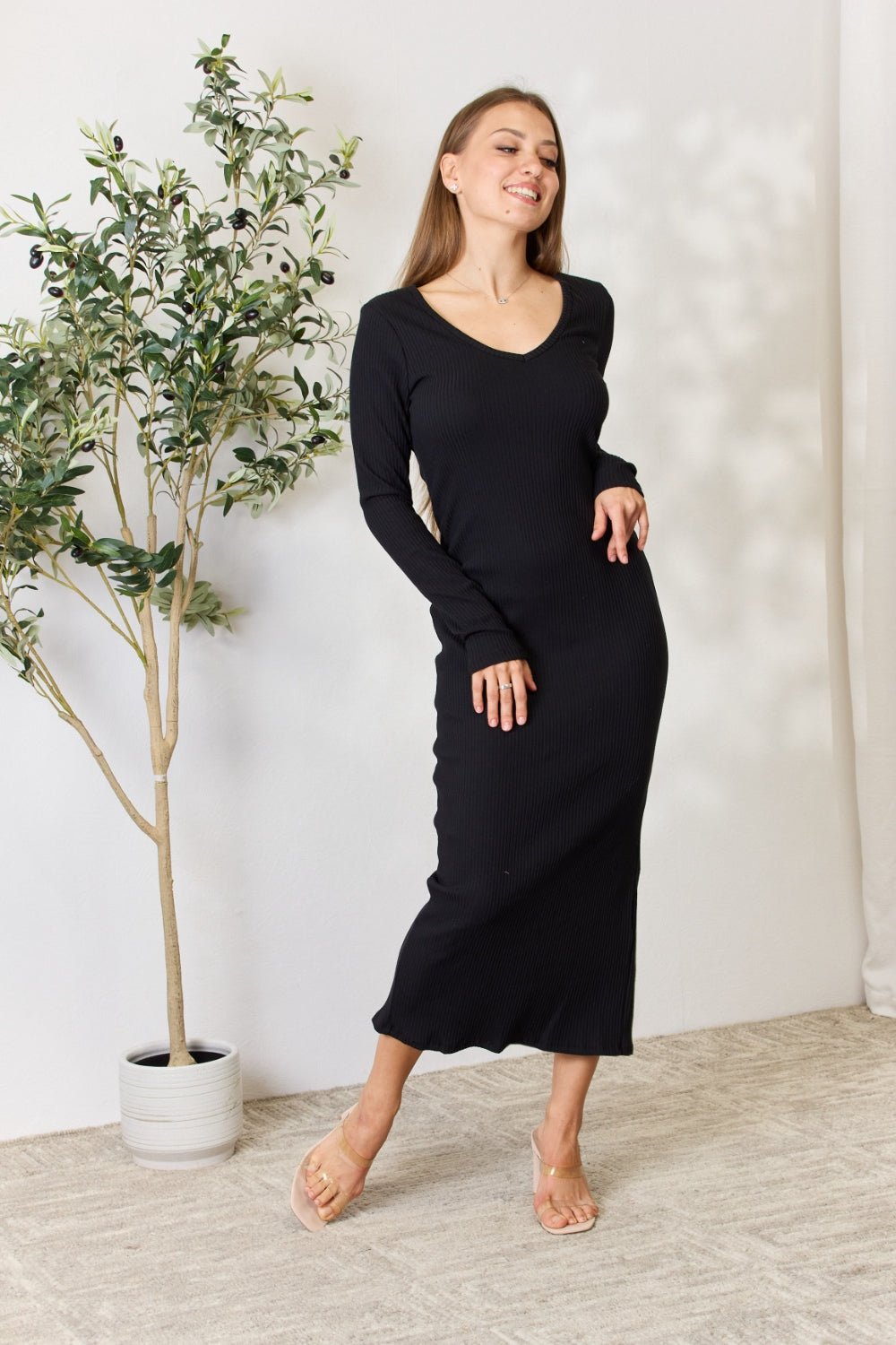 Culture Code Full Size Ribbed Long Sleeve Midi Slit Dress - Dress - Black - Bella Bourget