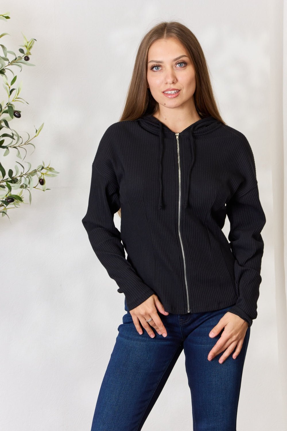 Culture Code Full Size Ribbed Zip Up Drawstring Hooded Jacket - Jacket - Black - Bella Bourget