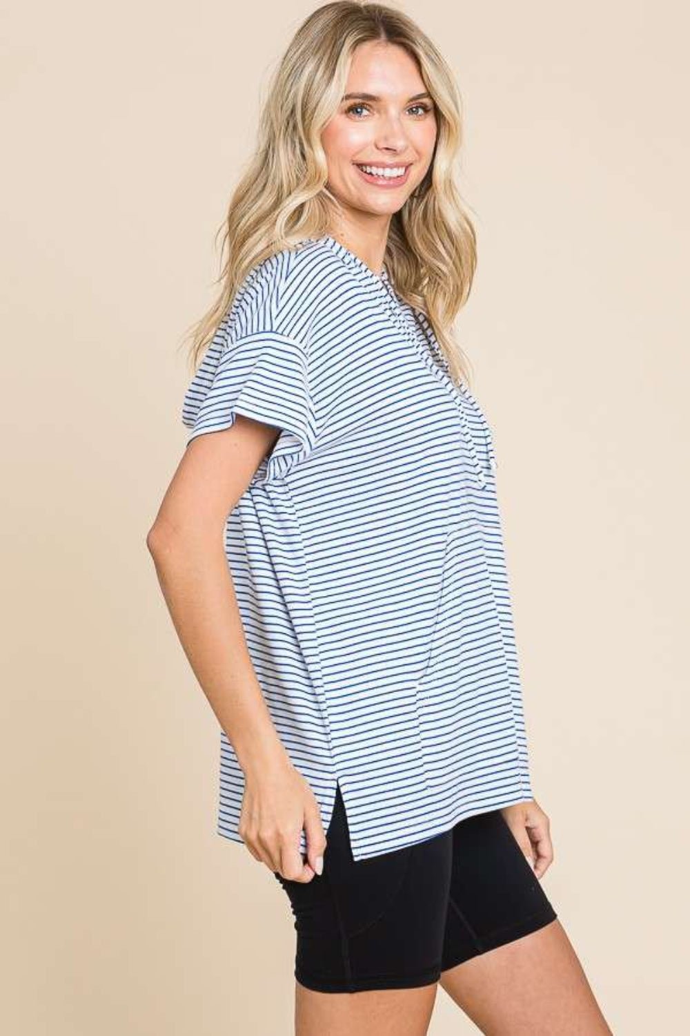 Culture Code Full Size Striped Short Sleeve Hooded Top - Top - Cobalt Blue - Bella Bourget