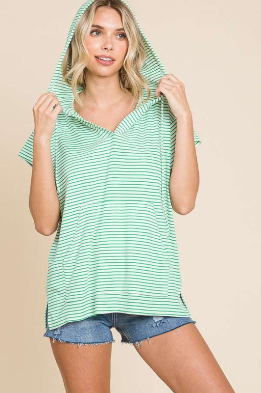 Culture Code Full Size Striped Short Sleeve Hooded Top - Top - Candy Green - Bella Bourget