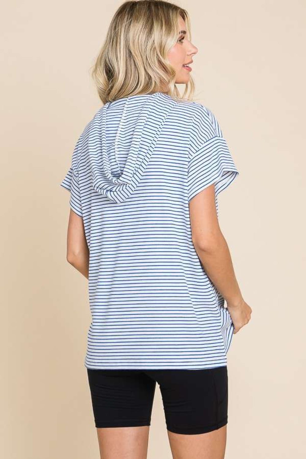 Culture Code Full Size Striped Short Sleeve Hooded Top - Top - Cobalt Blue - Bella Bourget