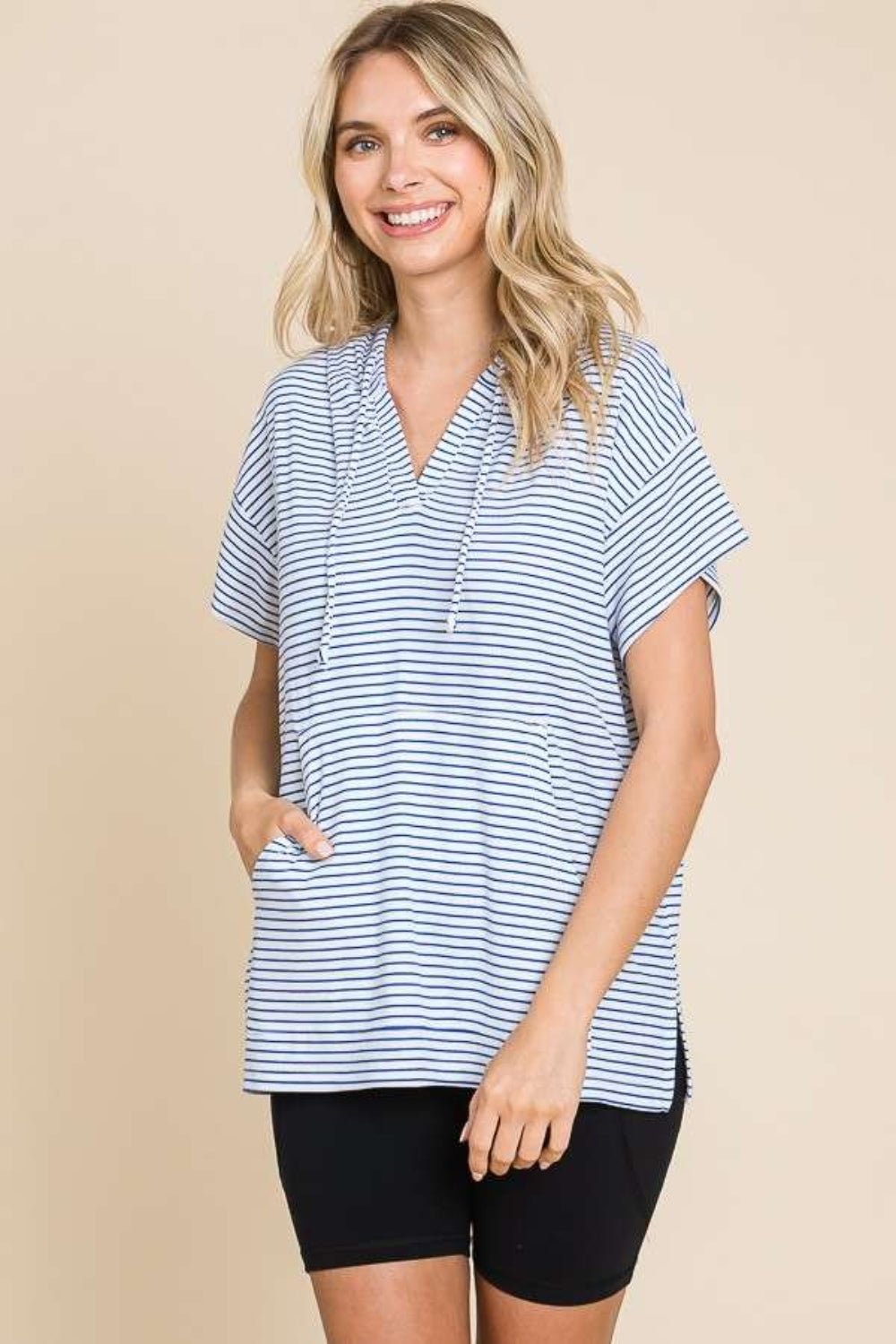 Culture Code Full Size Striped Short Sleeve Hooded Top - Top - Cobalt Blue - Bella Bourget