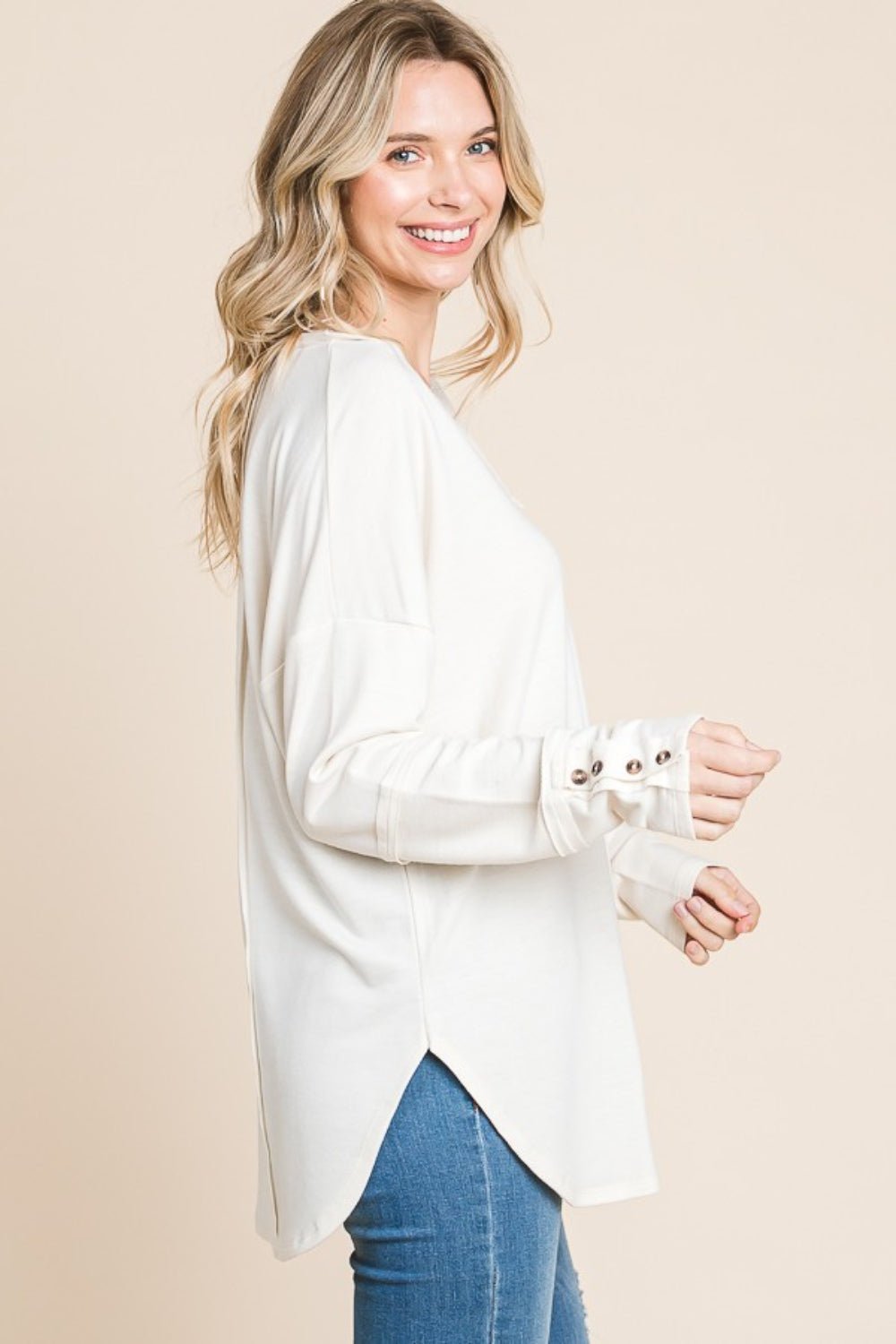 Culture Code Full Size V - Neck Dropped Shoulder Blouse - Top - ECRUCREAM - Bella Bourget