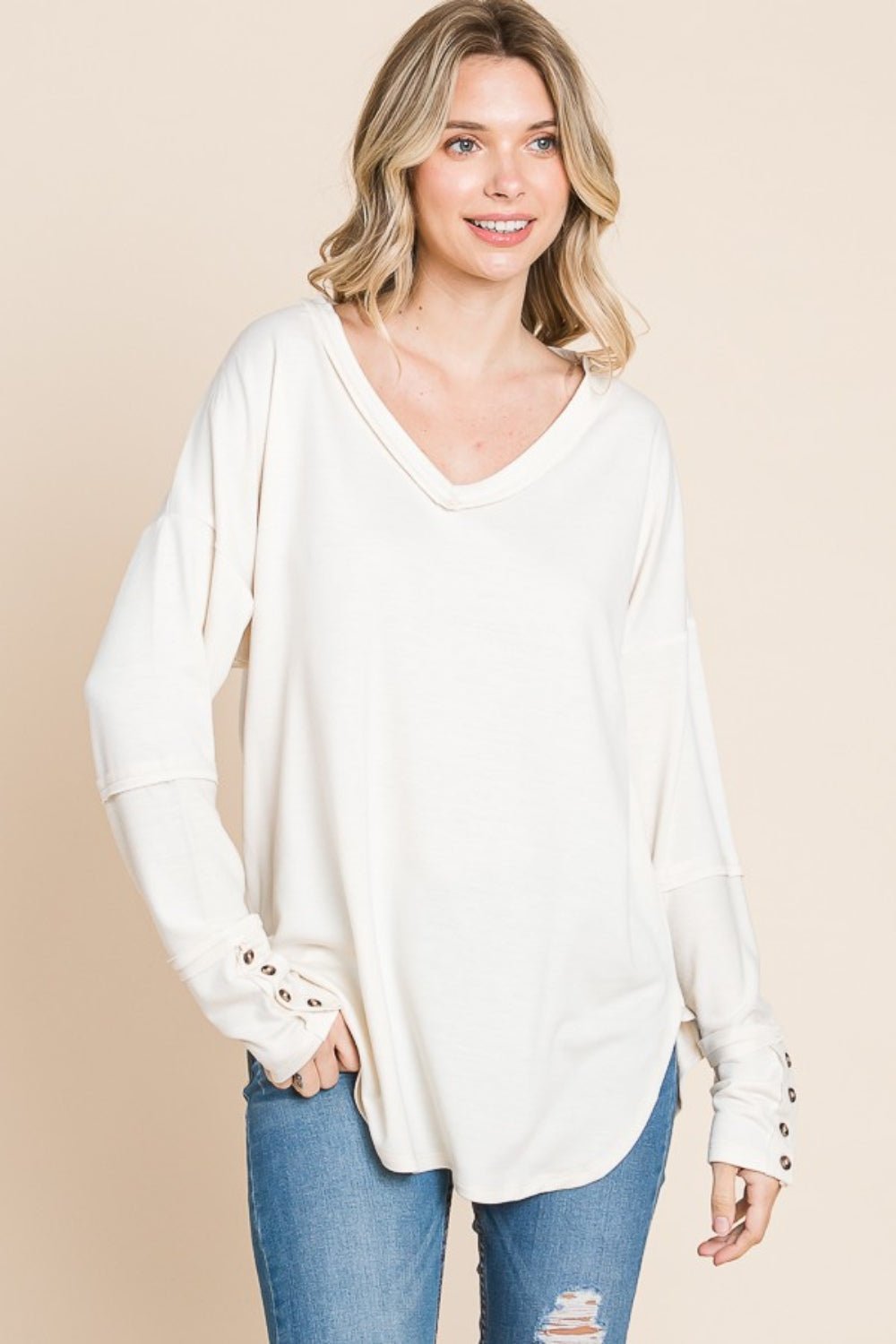 Culture Code Full Size V - Neck Dropped Shoulder Blouse - Top - ECRUCREAM - Bella Bourget