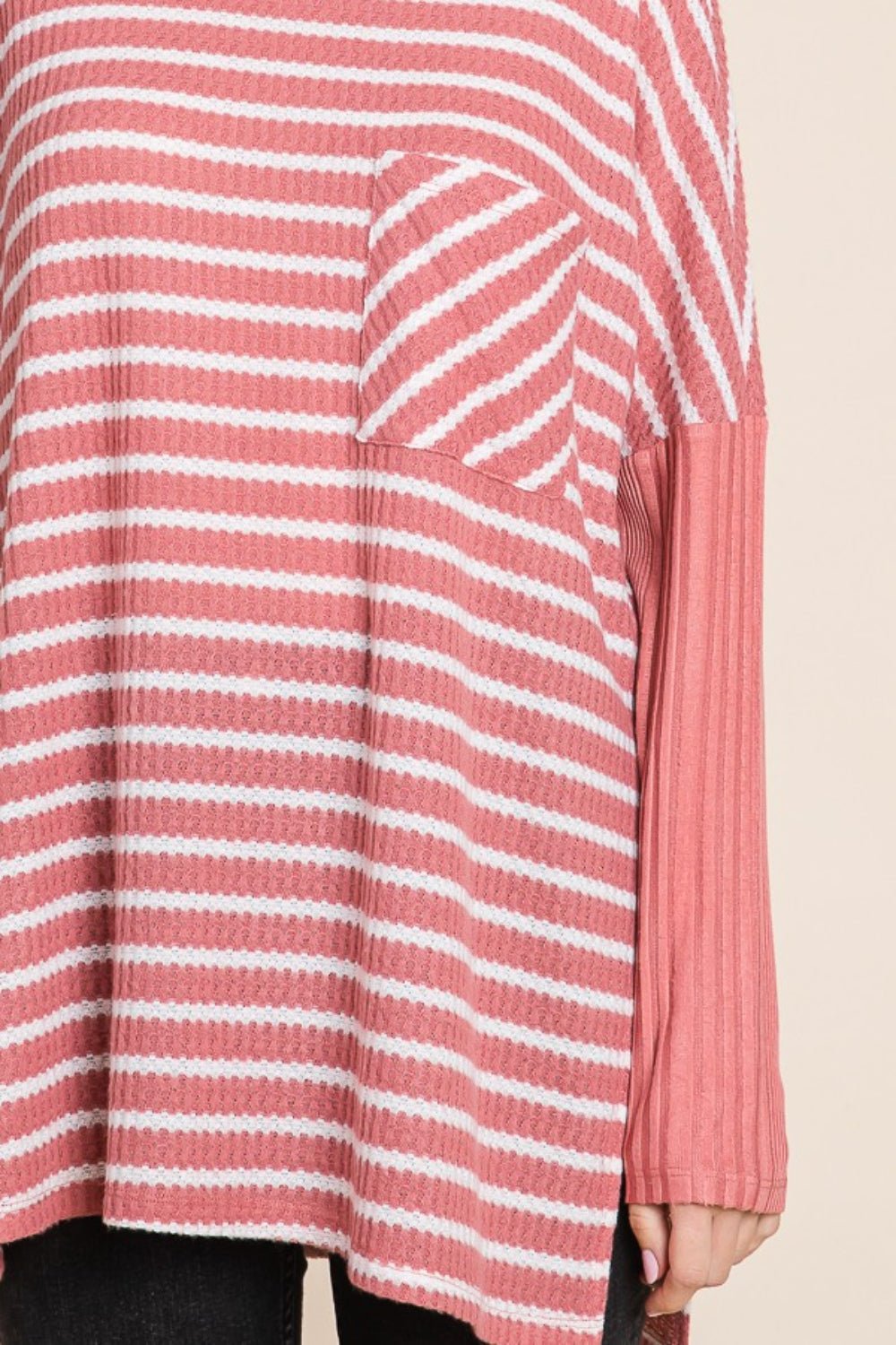 Culture Code Oversize Striped Round Neck Long Sleeve Slit T - Shirt - Blouse - DUSTY ROSE COMBO - Bella Bourget