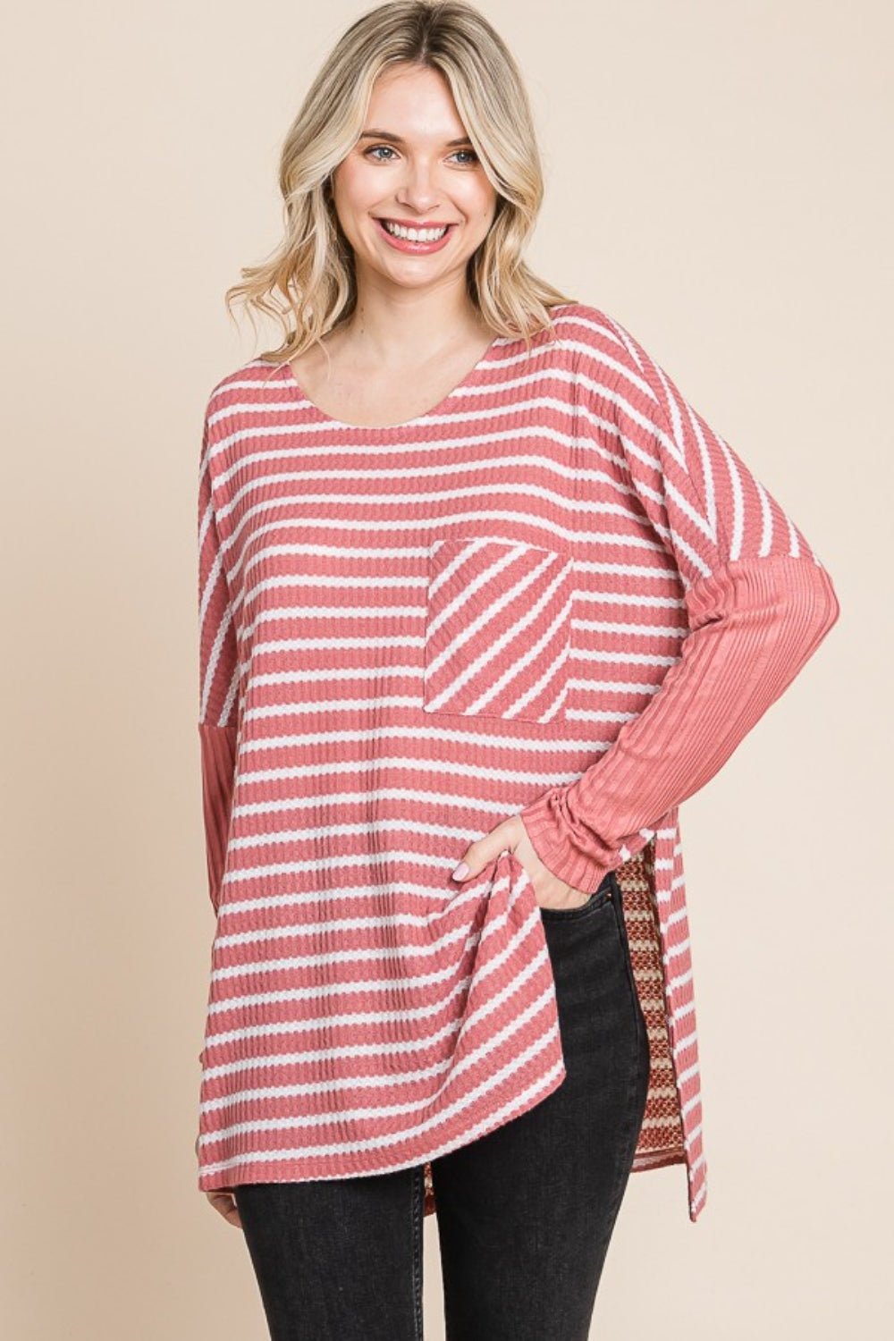 Culture Code Oversize Striped Round Neck Long Sleeve Slit T - Shirt - Blouse - DUSTY ROSE COMBO - Bella Bourget