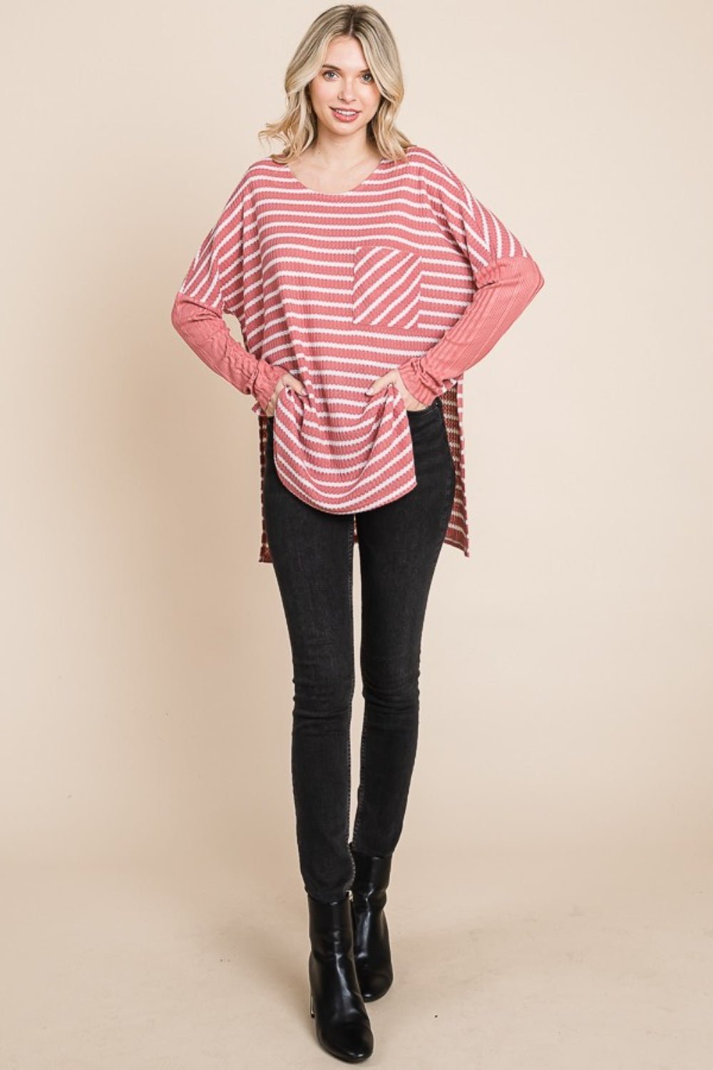 Culture Code Oversize Striped Round Neck Long Sleeve Slit T - Shirt - Blouse - DUSTY ROSE COMBO - Bella Bourget