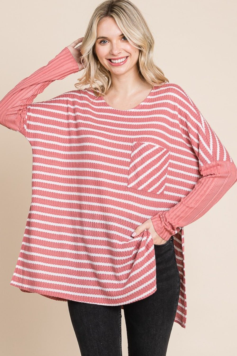 Culture Code Oversize Striped Round Neck Long Sleeve Slit T - Shirt - Blouse - DUSTY ROSE COMBO - Bella Bourget