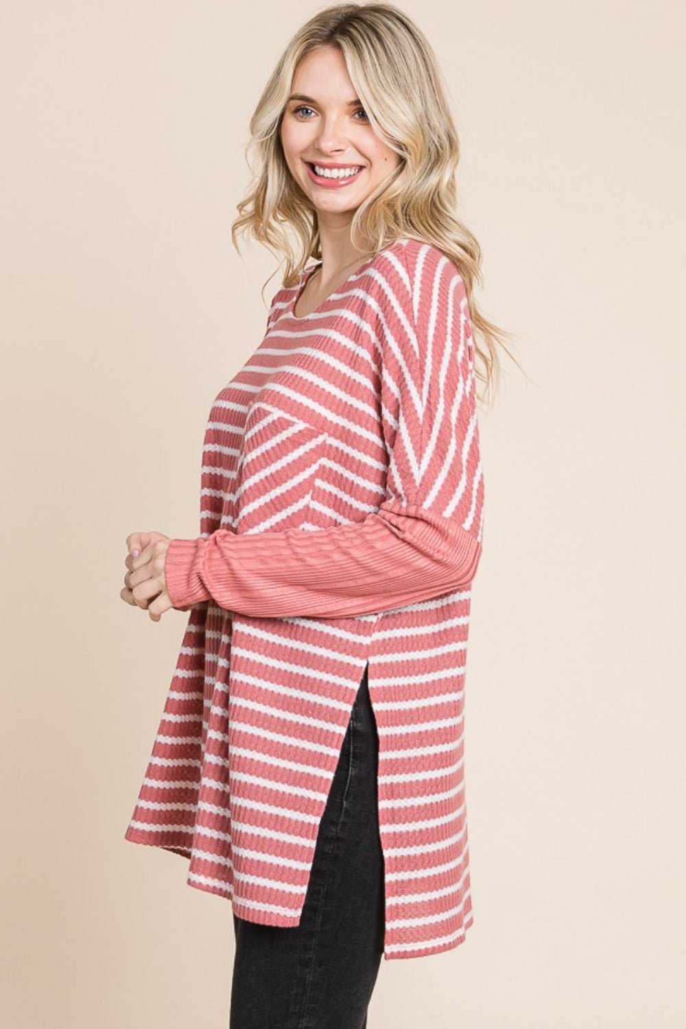 Culture Code Oversize Striped Round Neck Long Sleeve Slit T - Shirt - Blouse - DUSTY ROSE COMBO - Bella Bourget