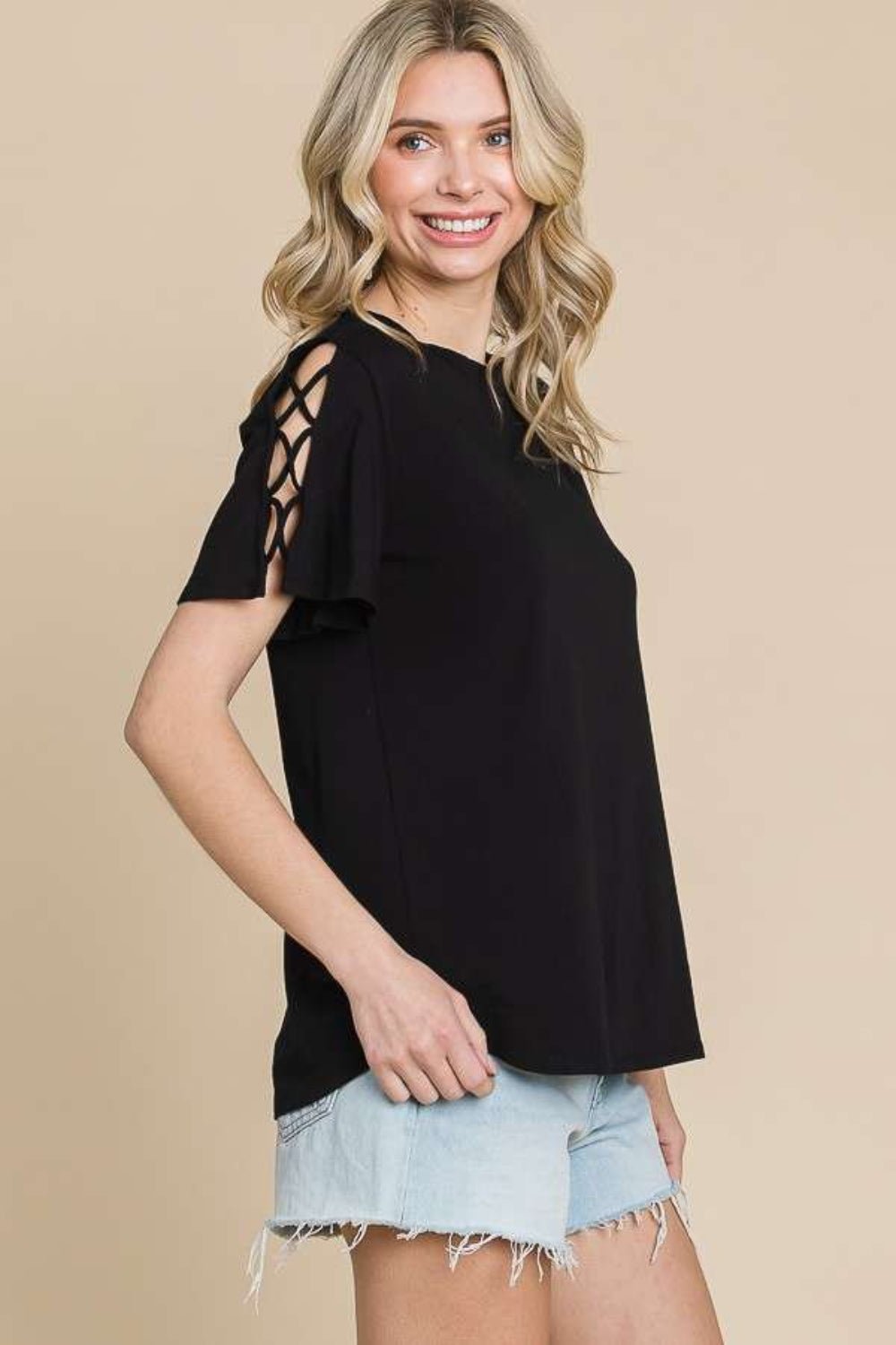 Culture Code Round Neck Crisscross Short Sleeve T - Shirt - Top - Black - Bella Bourget