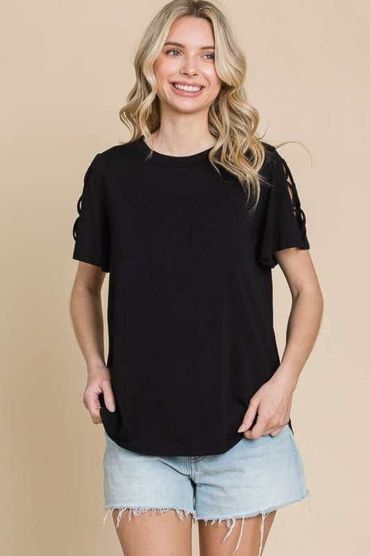 Culture Code Round Neck Crisscross Short Sleeve T - Shirt - Top - Black - Bella Bourget