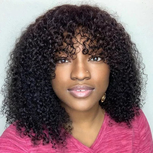 Curly Bob Cut 100% Human Hair Wigs with Bangs Adjustable Non Lace Wigs for Women - Bella Bourget