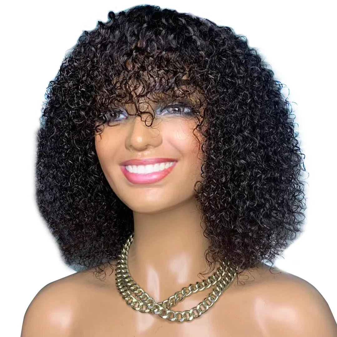 Curly Bob Cut 100% Human Hair Wigs with Bangs Adjustable Non Lace Wigs for Women - Bella Bourget