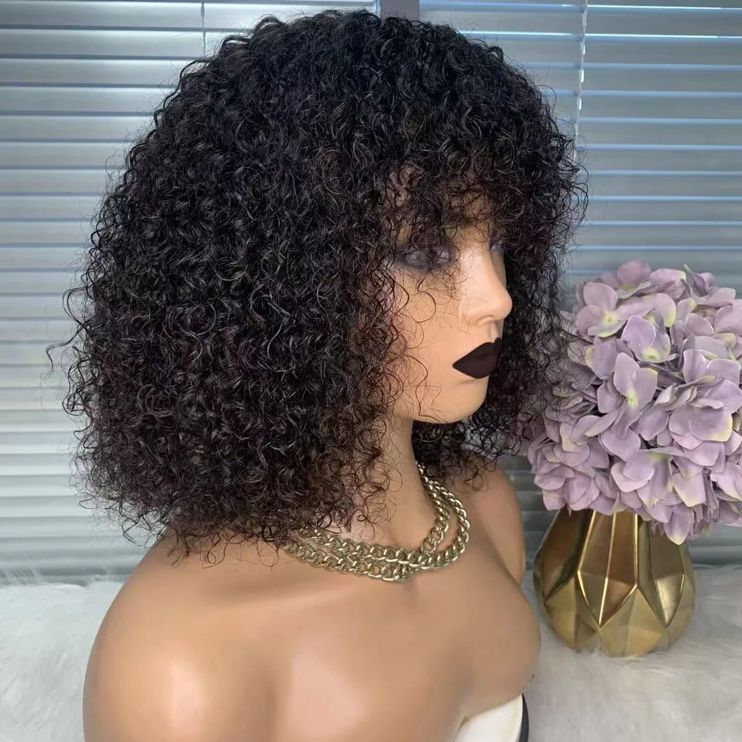 Curly Bob Cut 100% Human Hair Wigs with Bangs Adjustable Non Lace Wigs for Women - Bella Bourget