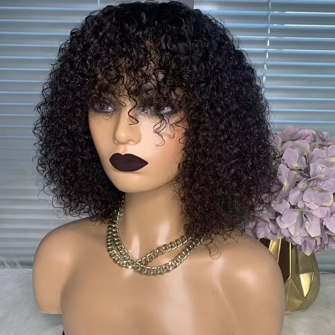 Curly Bob Cut 100% Human Hair Wigs with Bangs Adjustable Non Lace Wigs for Women - Bella Bourget