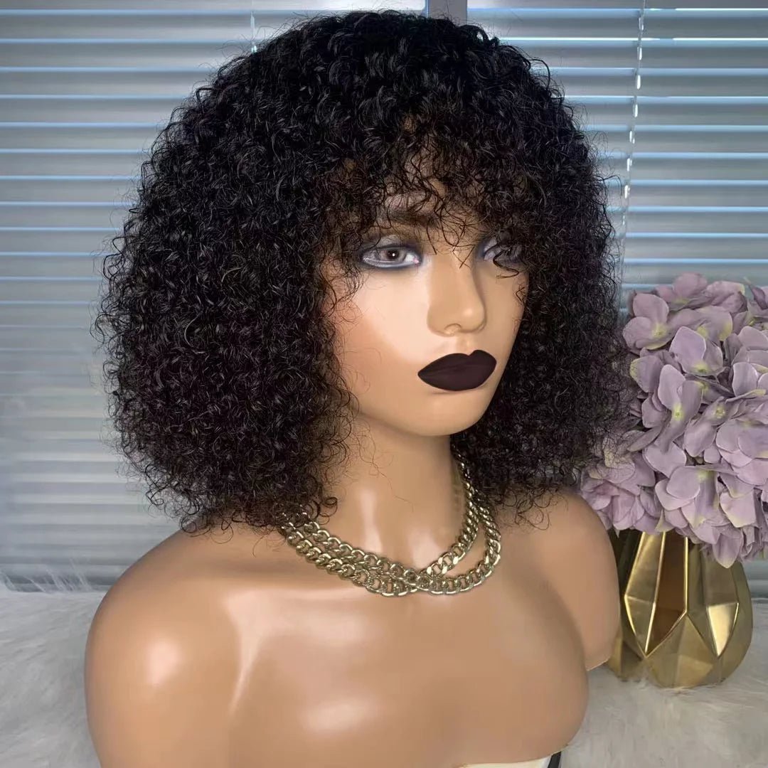 Curly Bob Cut 100% Human Hair Wigs with Bangs Adjustable Non Lace Wigs for Women - Bella Bourget