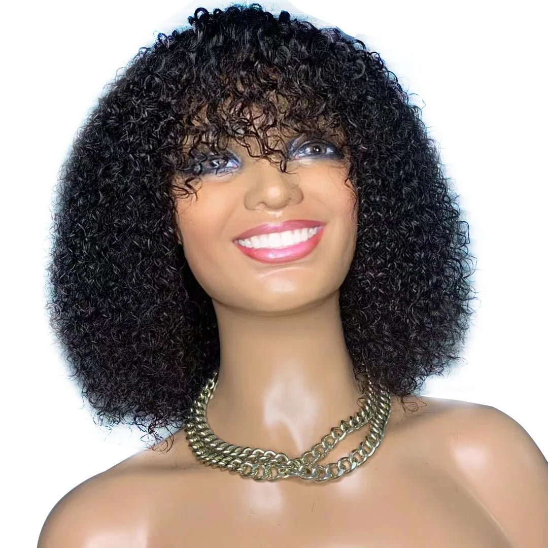 Curly Bob Cut 100% Human Hair Wigs with Bangs Adjustable Non Lace Wigs for Women - Bella Bourget