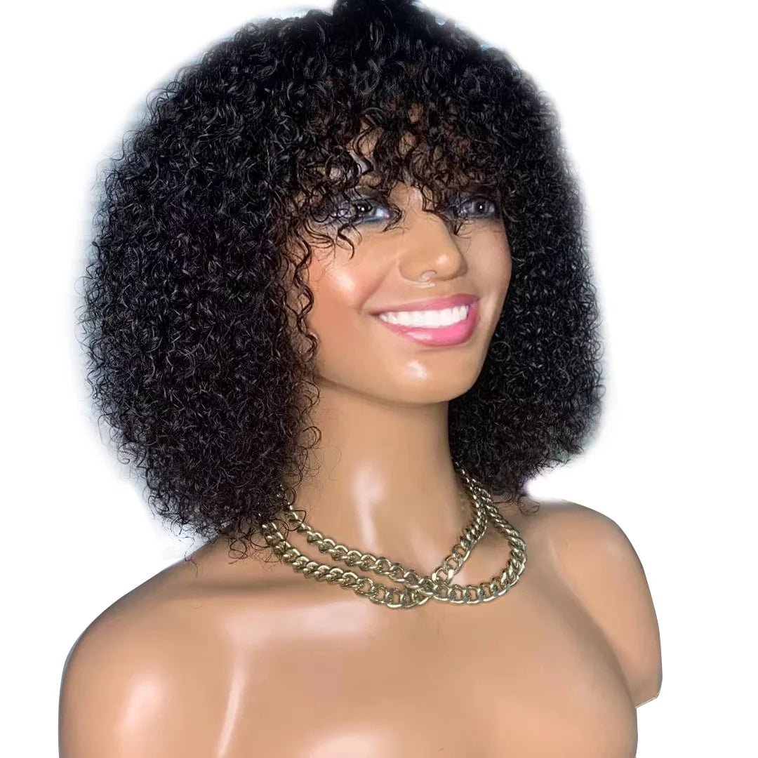 Curly Bob Cut 100% Human Hair Wigs with Bangs Adjustable Non Lace Wigs for Women - Bella Bourget