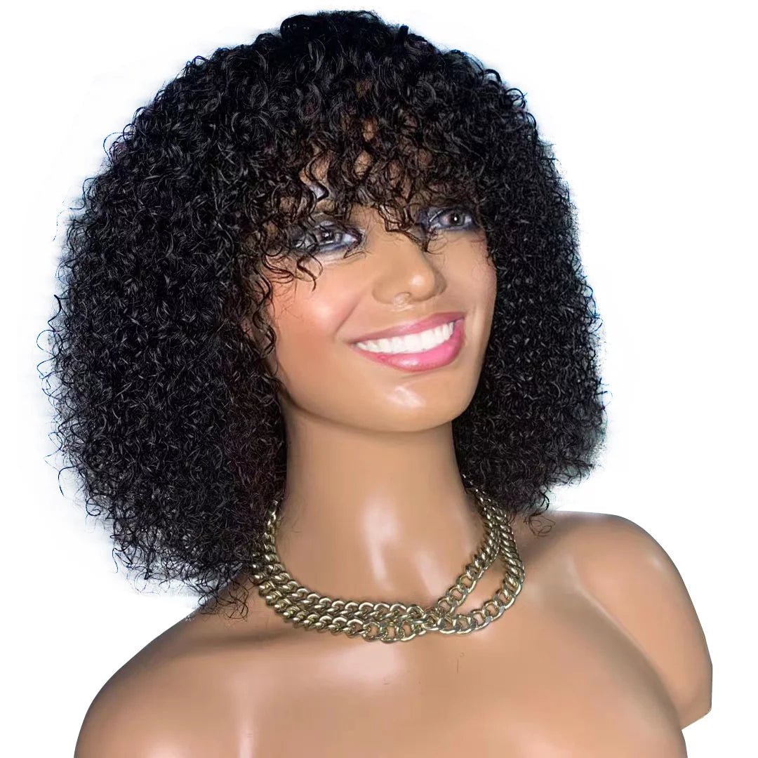 Curly Bob Cut 100% Human Hair Wigs with Bangs Adjustable Non Lace Wigs for Women - Bella Bourget