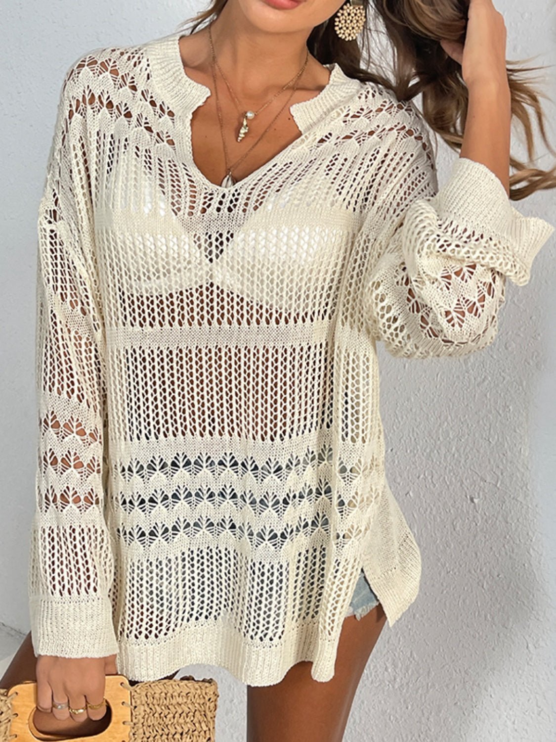 Cutout Notched Long Sleeve Cover - Up - Cover - Up - Sand - Bella Bourget