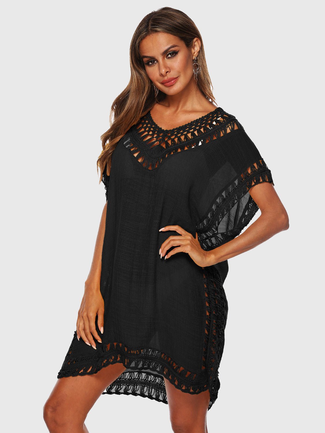 Cutout V - Neck Short Sleeve Cover - Up - Cover - Up - Black - Bella Bourget