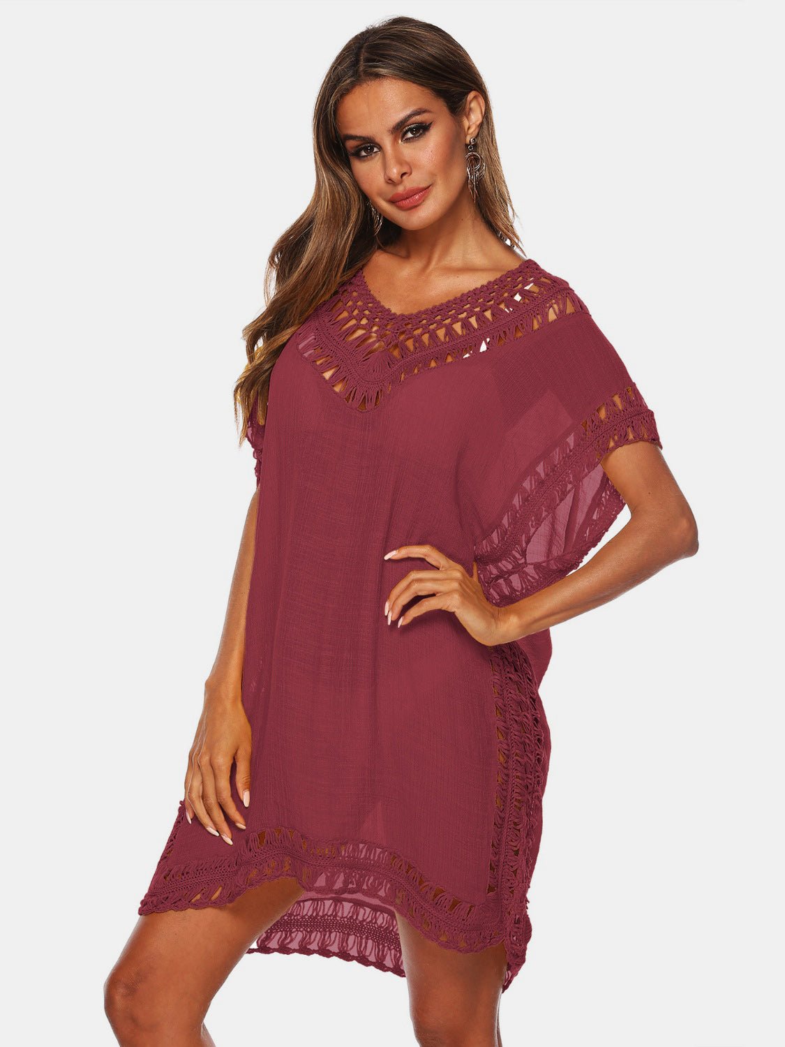 Cutout V - Neck Short Sleeve Cover - Up - Cover - Up - Wine - Bella Bourget