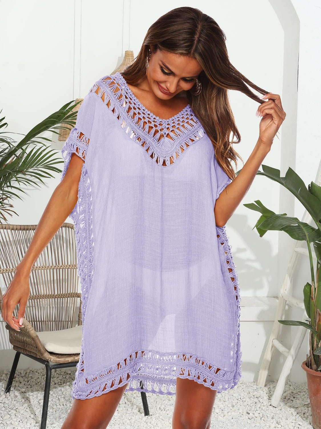 Cutout V - Neck Short Sleeve Cover - Up - Cover - Up - Lavender - Bella Bourget