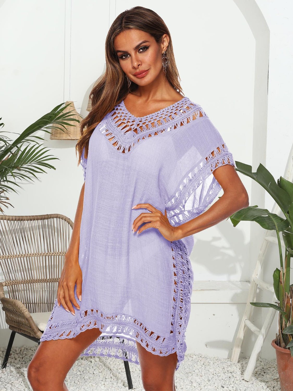 Cutout V - Neck Short Sleeve Cover - Up - Cover - Up - Lavender - Bella Bourget