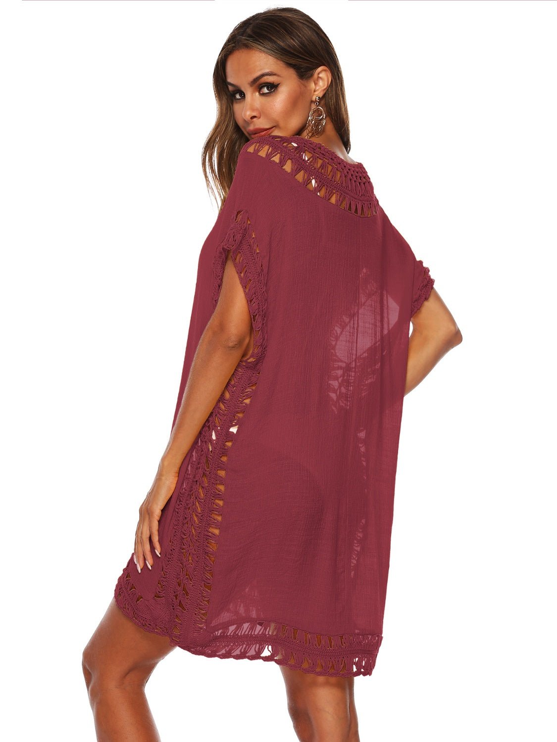 Cutout V - Neck Short Sleeve Cover - Up - Cover - Up - Wine - Bella Bourget