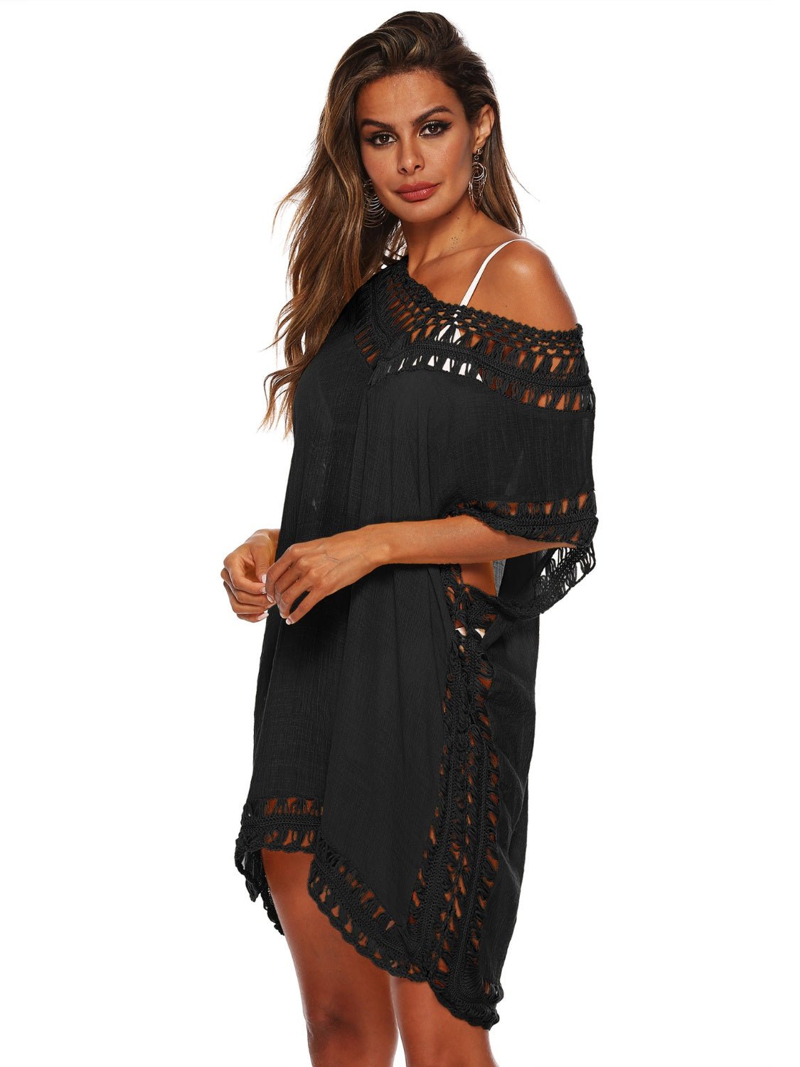 Cutout V - Neck Short Sleeve Cover - Up - Cover - Up - Black - Bella Bourget