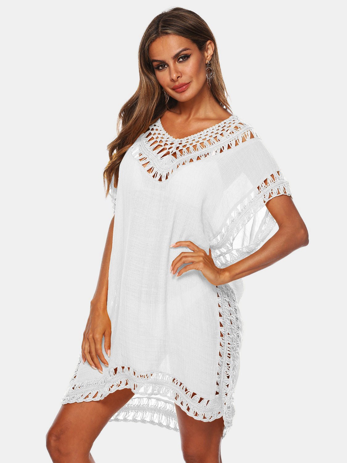 Cutout V - Neck Short Sleeve Cover - Up - Cover - Up - White - Bella Bourget