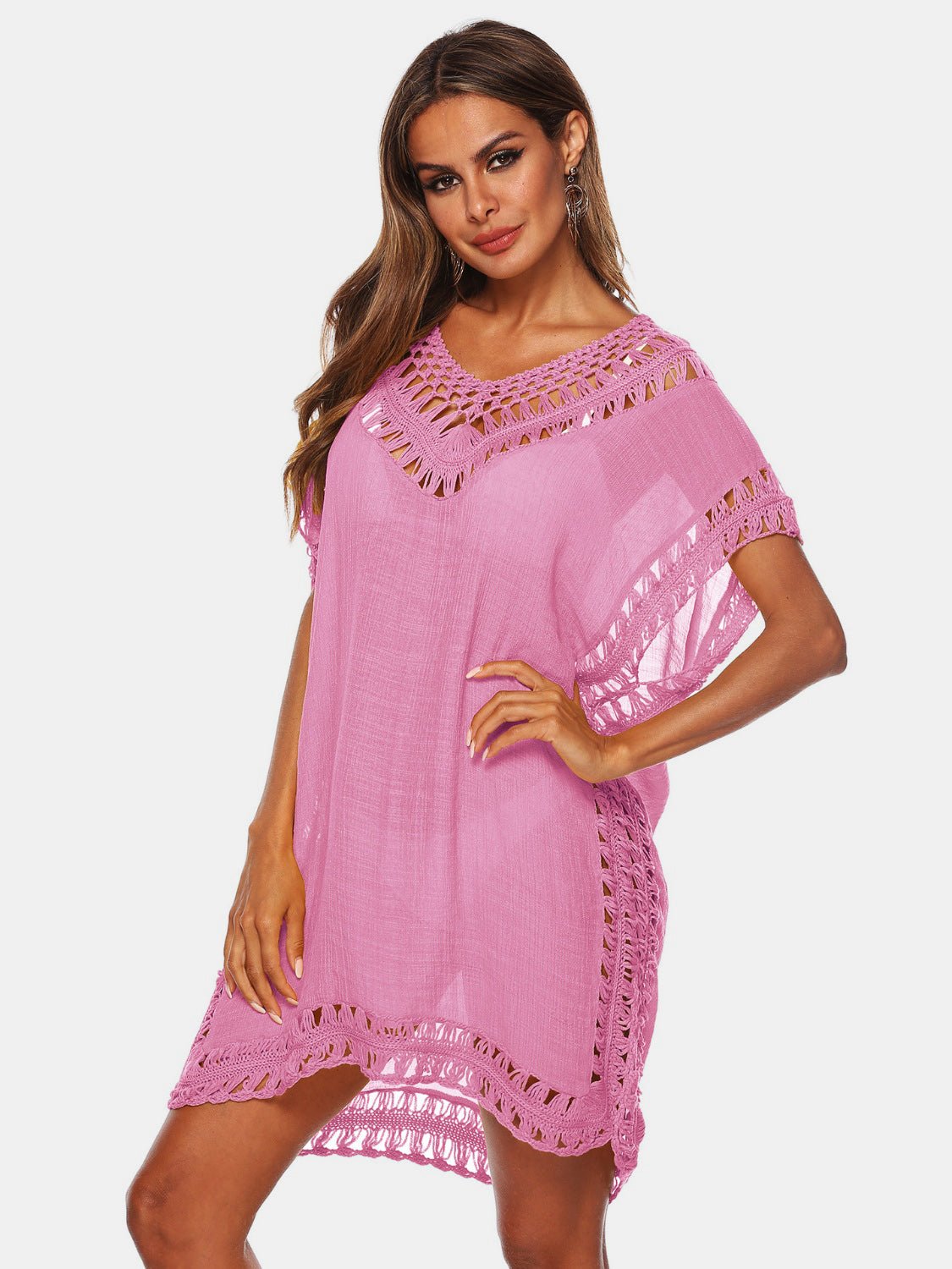 Cutout V - Neck Short Sleeve Cover - Up - Cover - Up - Carnation Pink - Bella Bourget