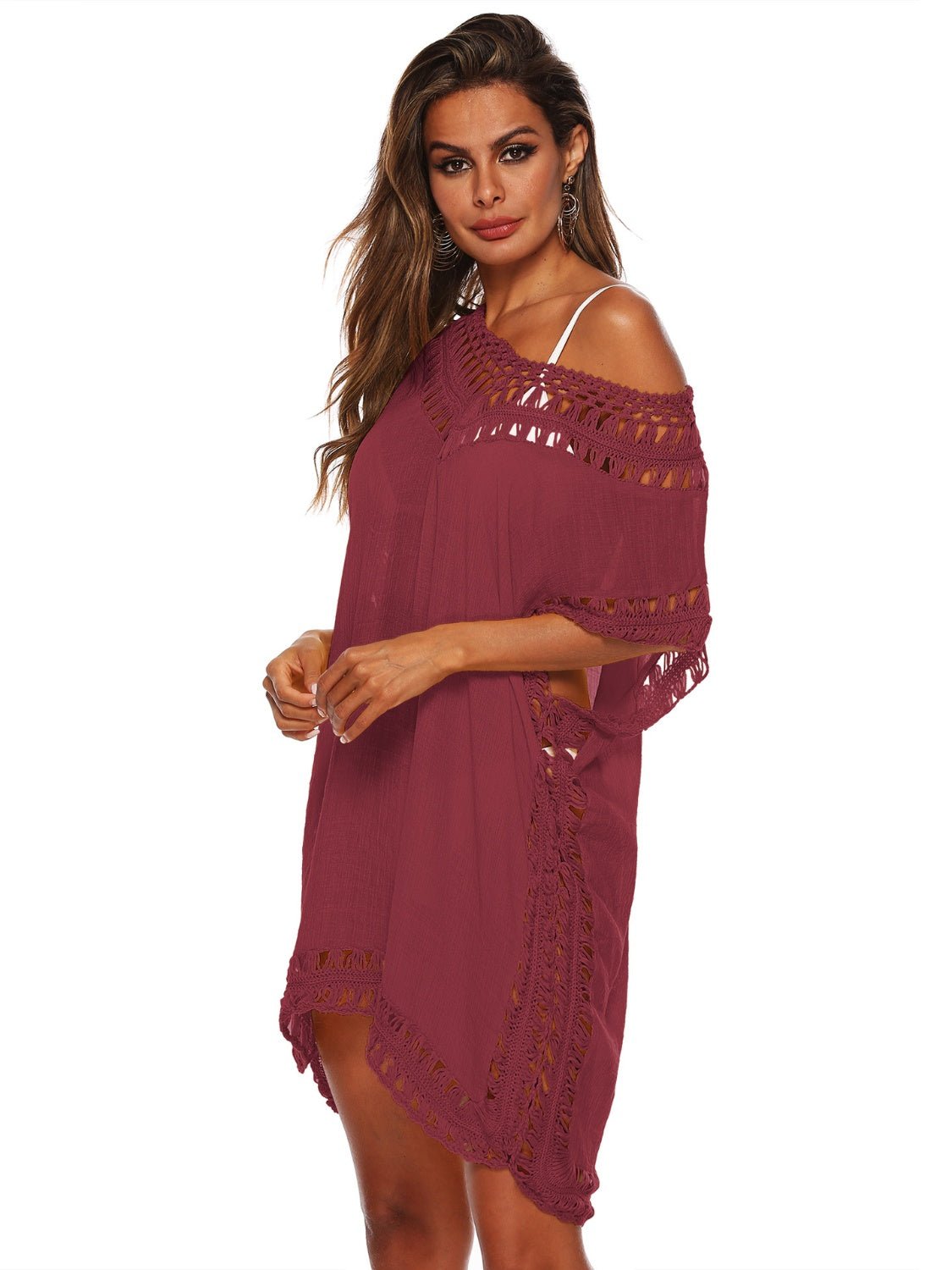 Cutout V - Neck Short Sleeve Cover - Up - Cover - Up - Wine - Bella Bourget