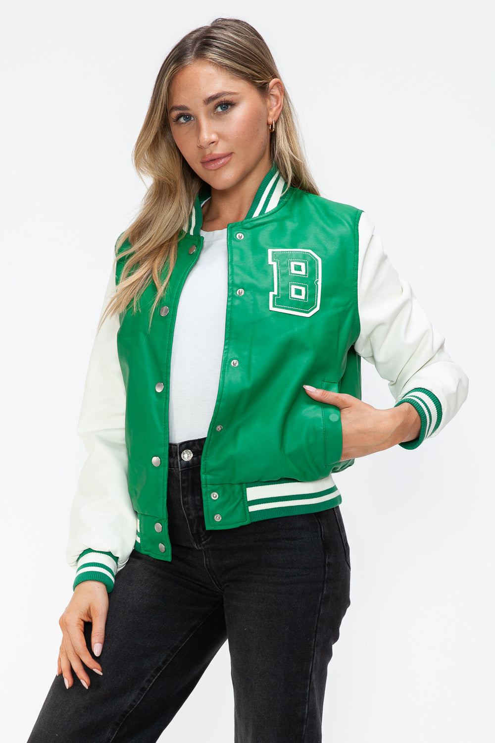 Love Me Now Faux Leather Contrast Snap Down Bomber Jacket