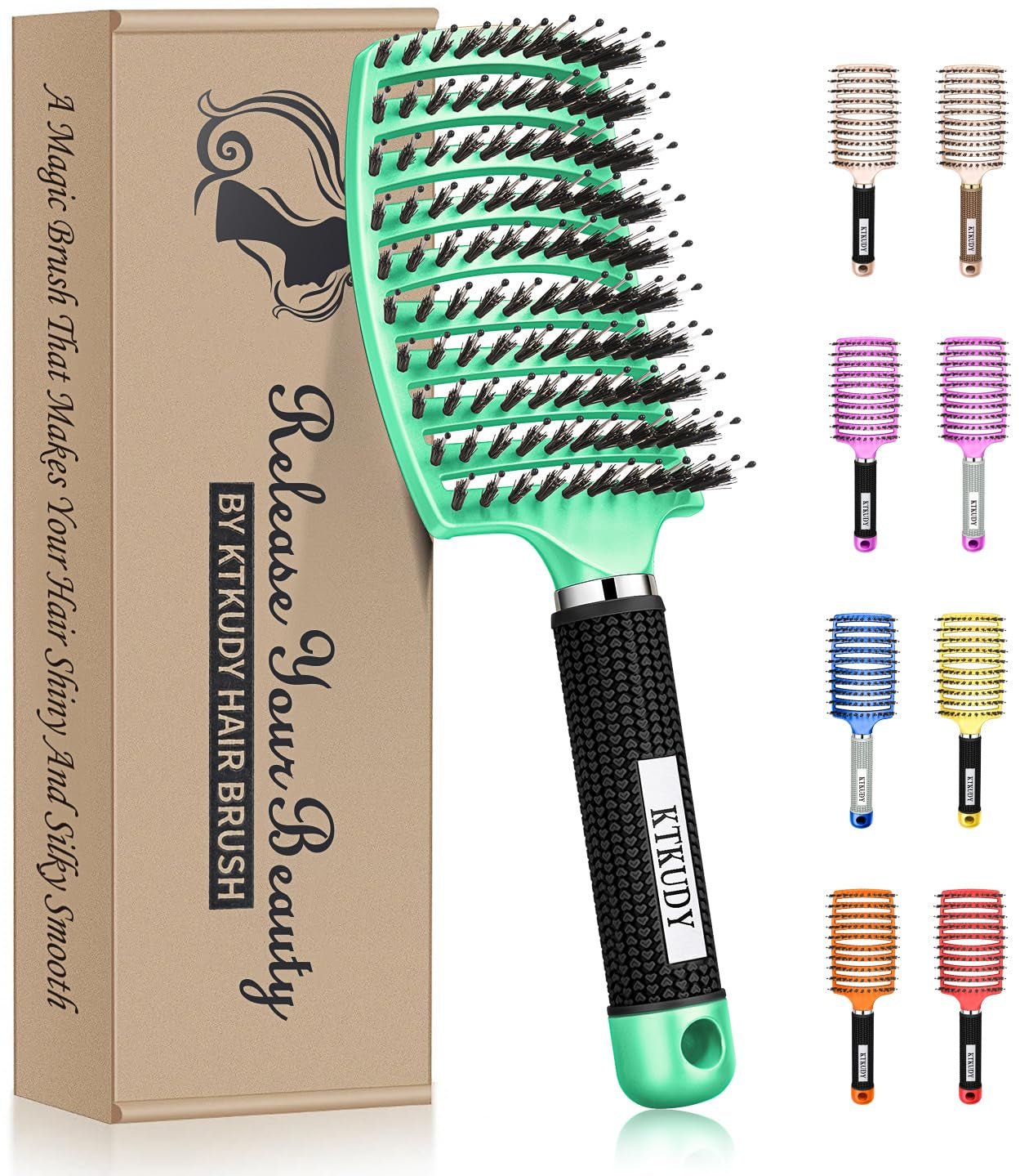 Detangling Brush Boar Bristles Hair Brush Make Hair Shiny & Healthier Curved and Vented Detangler Brush for Women Men Kids Wet & Dry Hair (Light Green) - Light Green - Bella Bourget