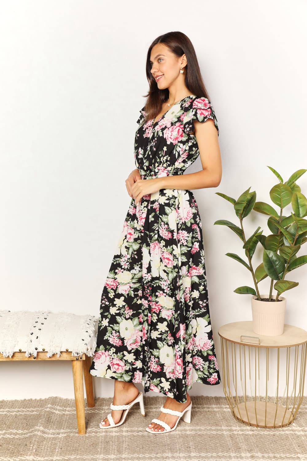 Double Take Floral Flutter Sleeve Tie - Waist Split Dress - Dress - Black - Bella Bourget