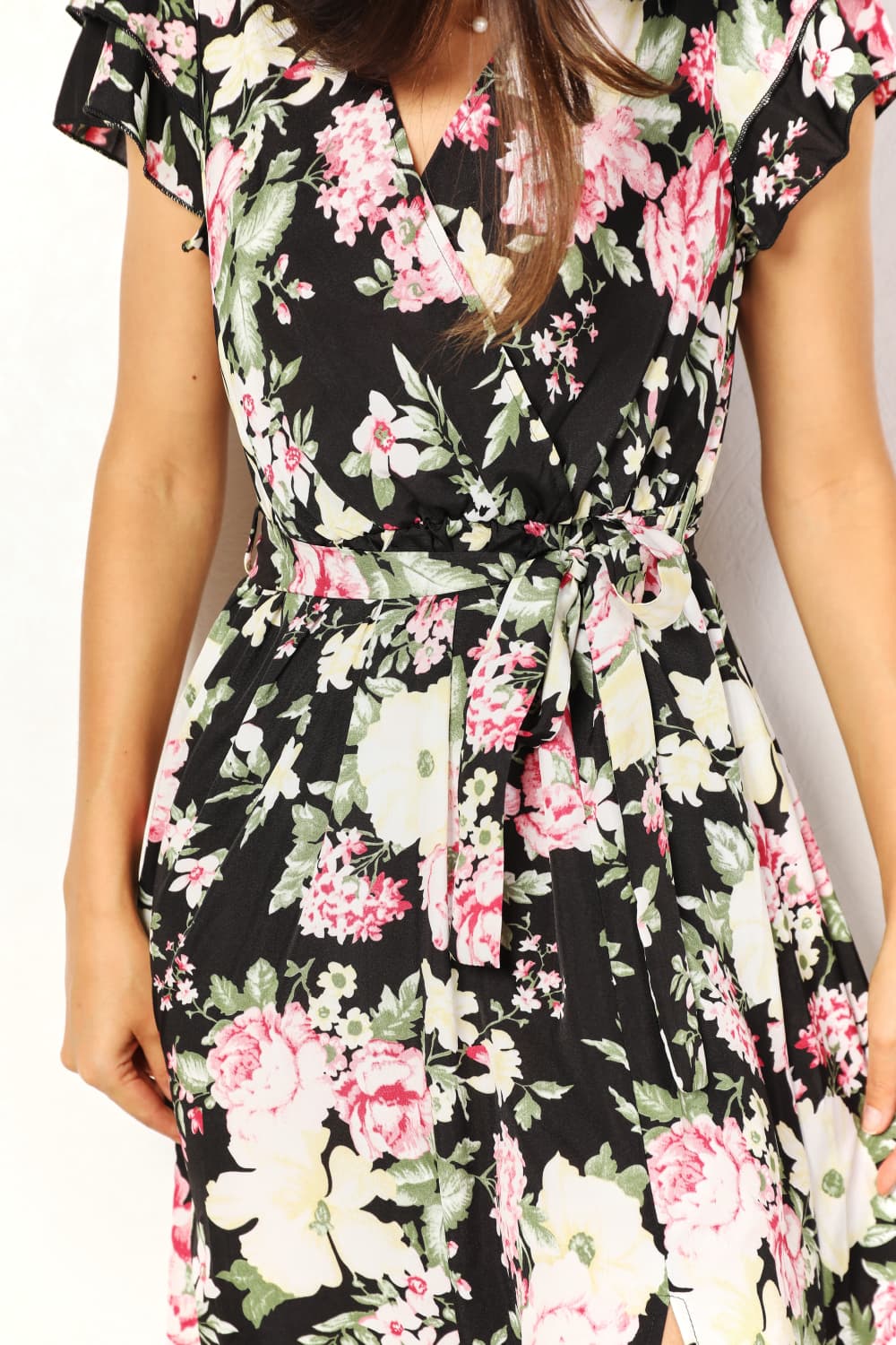 Double Take Floral Flutter Sleeve Tie - Waist Split Dress - Dress - Black - Bella Bourget