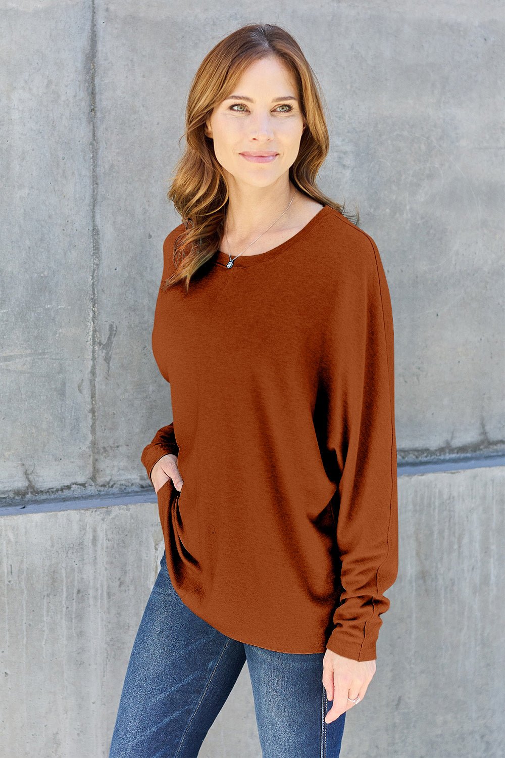 Double Take Full Size Round Neck Long Sleeve T - Shirt - Top - Pumpkin - Bella Bourget