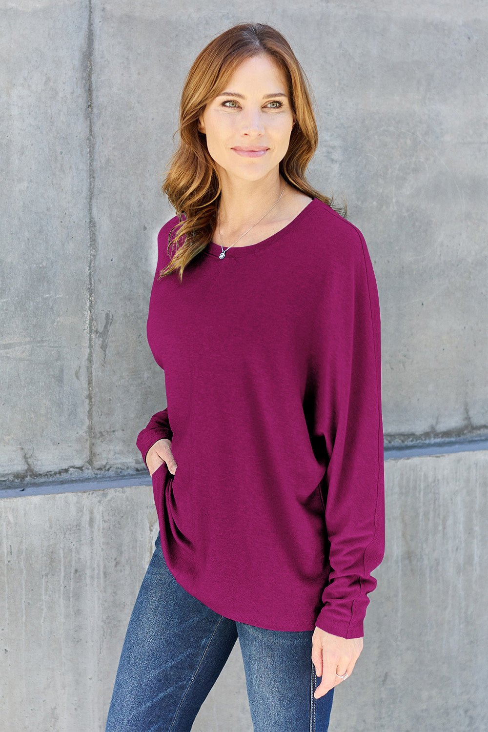 Double Take Full Size Round Neck Long Sleeve T - Shirt - Top - Magenta - Bella Bourget