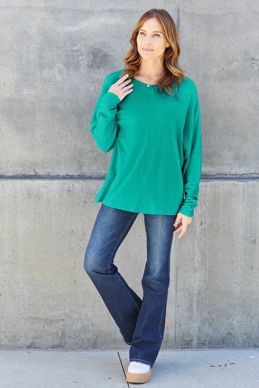 Double Take Full Size Round Neck Long Sleeve T - Shirt - Top - Turquoise - Bella Bourget