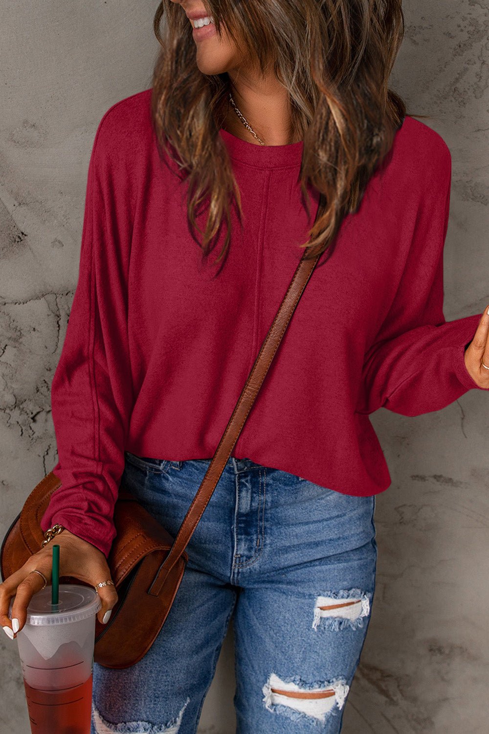 Double Take Full Size Round Neck Long Sleeve T - Shirt - Top - Deep Red - Bella Bourget