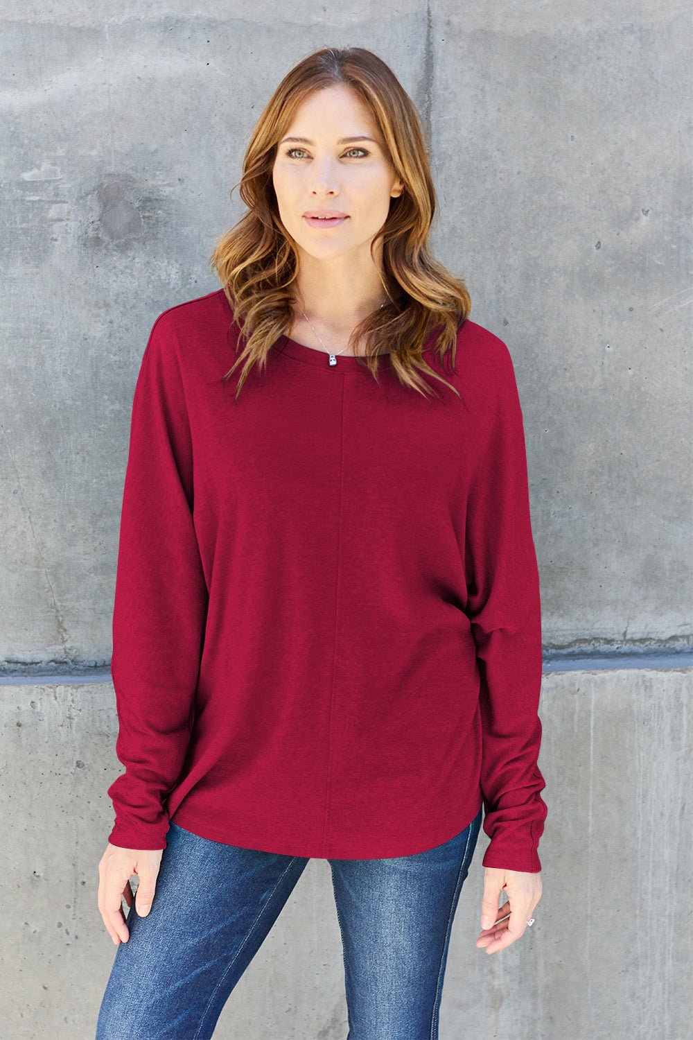 Double Take Full Size Round Neck Long Sleeve T - Shirt - Top - Deep Red - Bella Bourget