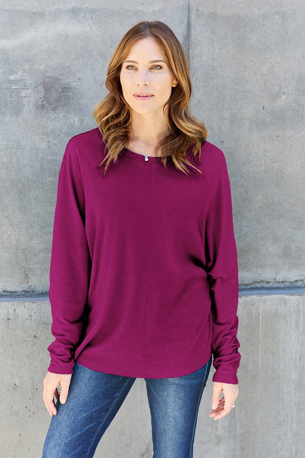 Double Take Full Size Round Neck Long Sleeve T - Shirt - Top - Magenta - Bella Bourget