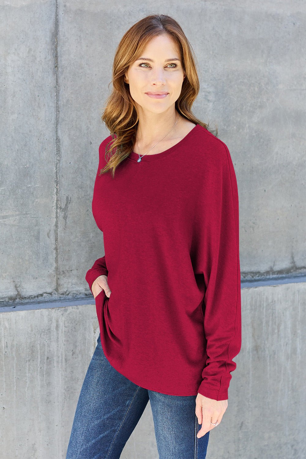 Double Take Full Size Round Neck Long Sleeve T - Shirt - Top - Deep Red - Bella Bourget