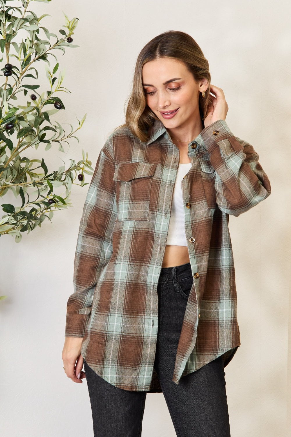 Double Take Plaid Dropped Shoulder Shirt - Plaid Shirt - Olive Brown - Bella Bourget