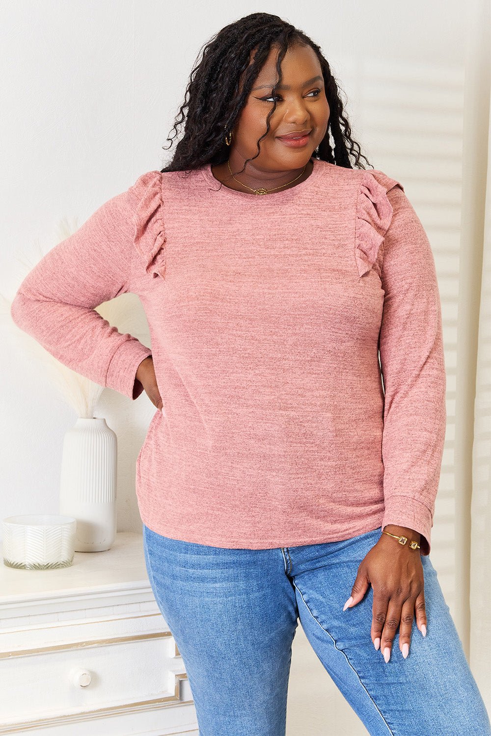 Double Take Ruffle Shoulder Long Sleeve T - Shirt - Top - Dusty Pink - Bella Bourget