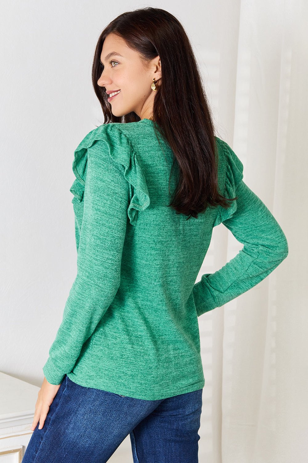 Double Take Ruffle Shoulder Long Sleeve T - Shirt - Top - Dark Green - Bella Bourget