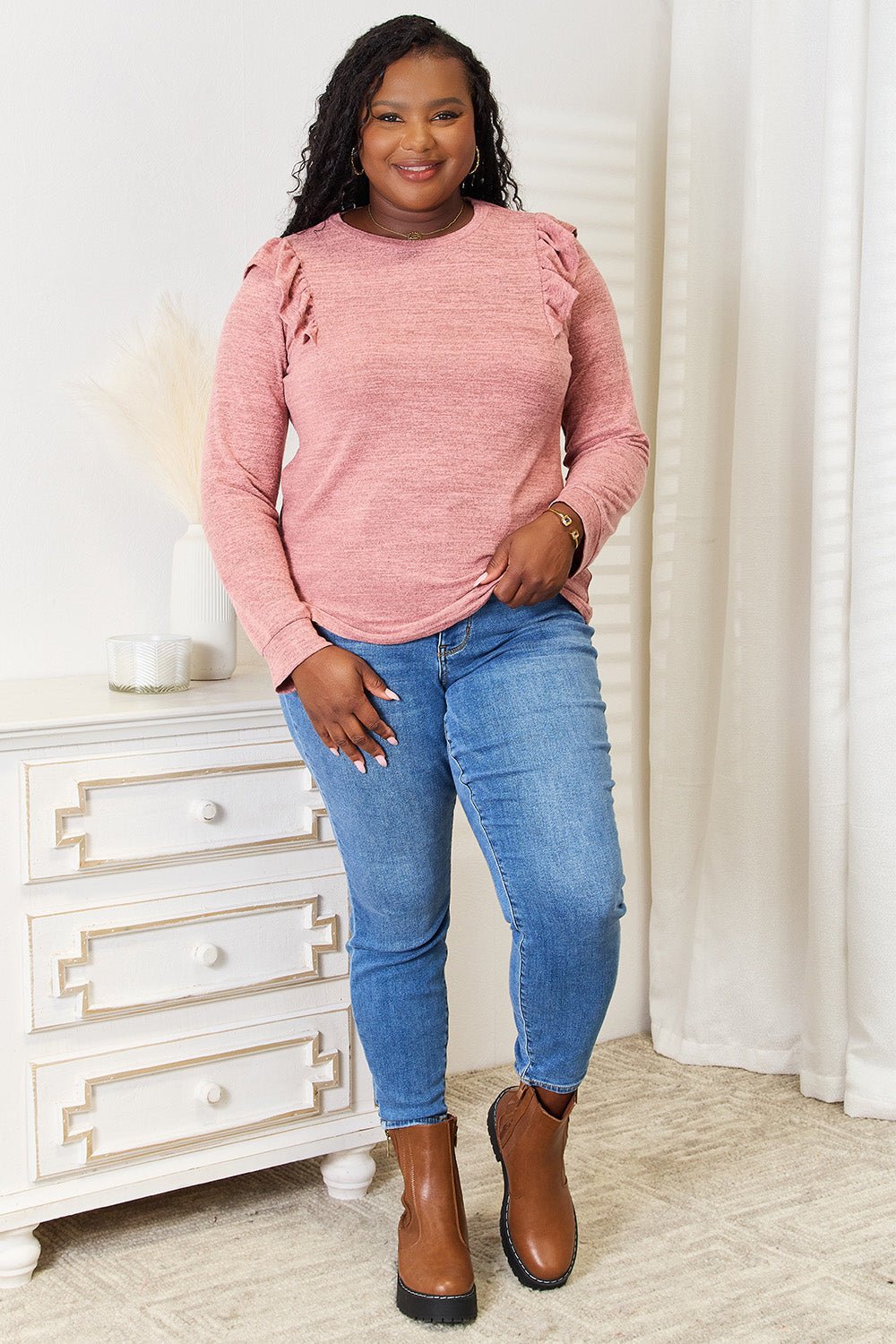 Double Take Ruffle Shoulder Long Sleeve T - Shirt - Top - Dusty Pink - Bella Bourget