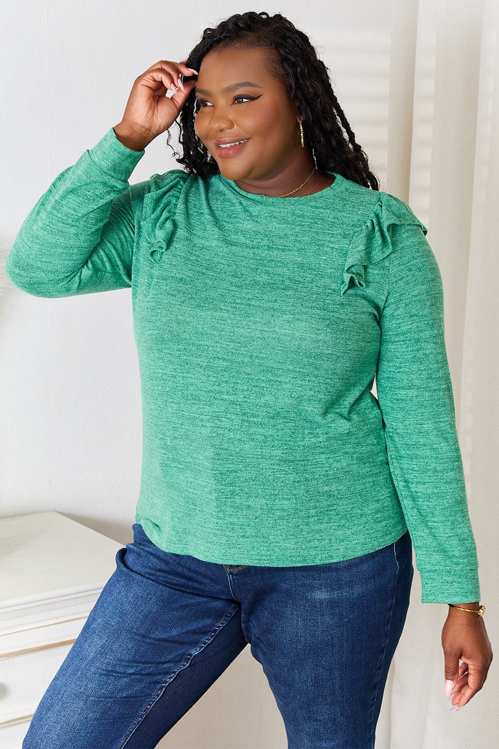 Double Take Ruffle Shoulder Long Sleeve T - Shirt - Top - Dark Green - Bella Bourget