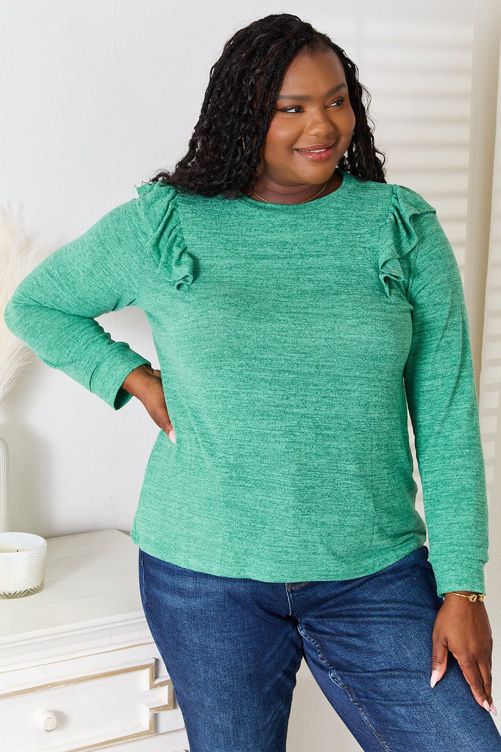 Double Take Ruffle Shoulder Long Sleeve T - Shirt - Top - Dark Green - Bella Bourget